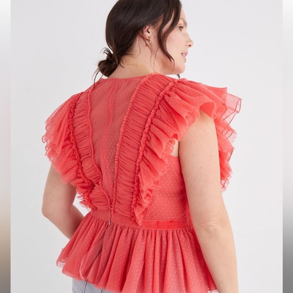 Anthropologie Geisha Designs Ruffled Ruched Tulle Blouse Pink 1X - Picture 2 of 6